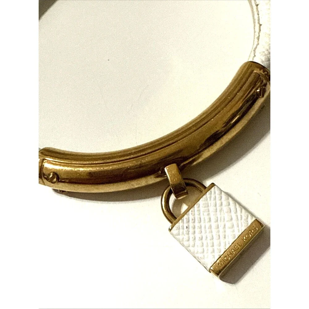 MICHAEL KORS Logo Lock White Leather Bangle Bracelet Gold Tone 8